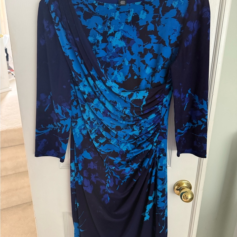 American Living Blue and Black Floral Long Sleeve Dress